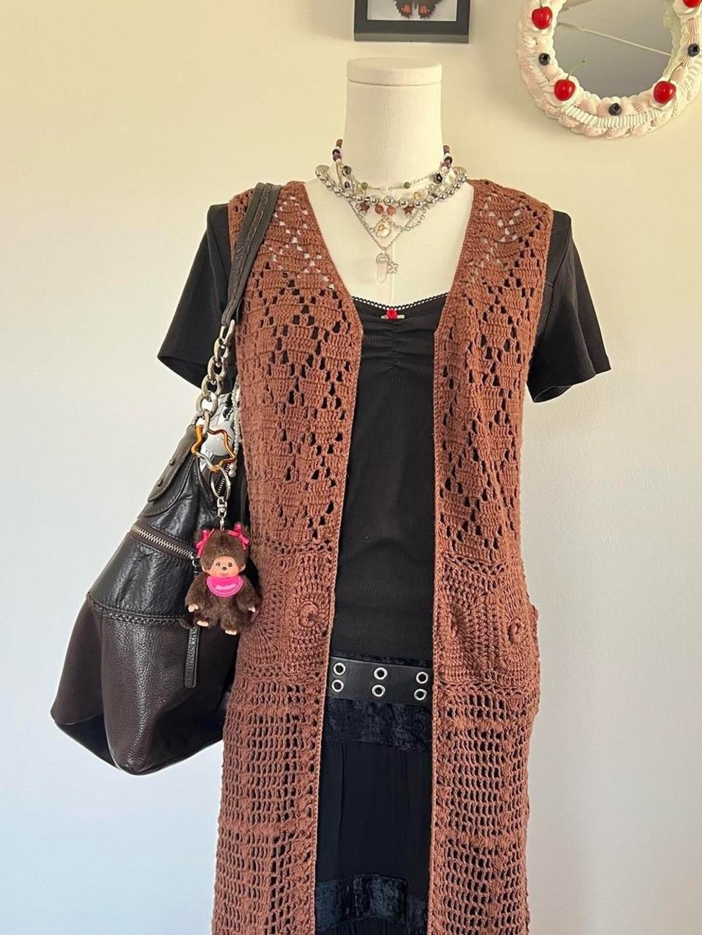 Larry Levine Brown Open-Knit Long Vest with Pockets
